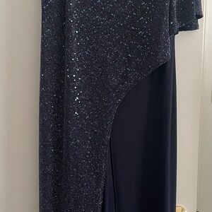 R&M Richards Navy Sparkle Asymmetrical Evening Dress